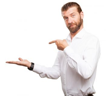 happy young man showing gesture sales analytics pointing left