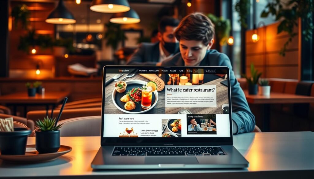 A captivating web design for a restaurant, showcasing a beautiful homepage layout on a sleek computer screen. The foreground features a modern, well-lit workspace with a stylish laptop displaying high-quality images of gourmet dishes, cocktails, and the restaurant ambiance. In the middle, a professional graphic designer, dressed in smart casual attire, is focused on enhancing the website with vibrant colors and elegant fonts. The background includes a cozy café setting with wooden tables, potted plants, and soft, warm lighting creating an inviting atmosphere. The overall mood is creative and inspiring, emphasizing the blend of technology and culinary art, with a focus on converting visitors into customers.