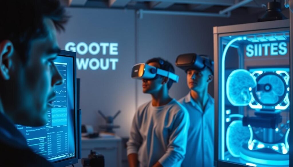 A high-tech laboratory setting, with sleek monitors, brain wave sensors, and a GOODI SITES logo prominently displayed. In the foreground, a person analyzes data on a screen, their face illuminated by the soft glow of the display. The middle ground features test subjects wearing virtual reality headsets, their expressions and reactions being closely observed. In the background, advanced neuroimaging equipment casts an eerie blue light, creating an atmosphere of scientific inquiry and technological innovation. The lighting is dramatic, with sharp contrasts and deep shadows, emphasizing the precision and intensity of the neuromarketing research being conducted.