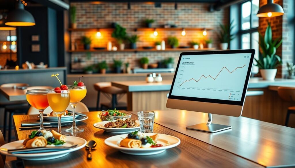 A modern restaurant setting with an inviting atmosphere, featuring a sleek wooden table set with gourmet dishes, colorful cocktails, and elegant tableware in the foreground. In the middle, a digital device displaying analytics and SEO strategies, including a graph of website traffic, on a stylish kitchen counter. The background showcases a well-decorated restaurant interior with warm lighting, potted plants, and brick walls, enhancing the cozy vibe. Capture the scene from a slightly elevated angle to convey a professional yet welcoming tone. The lighting is soft and warm, creating a feeling of comfort and sophistication, focusing on the importance of online presence and SEO for restaurants.