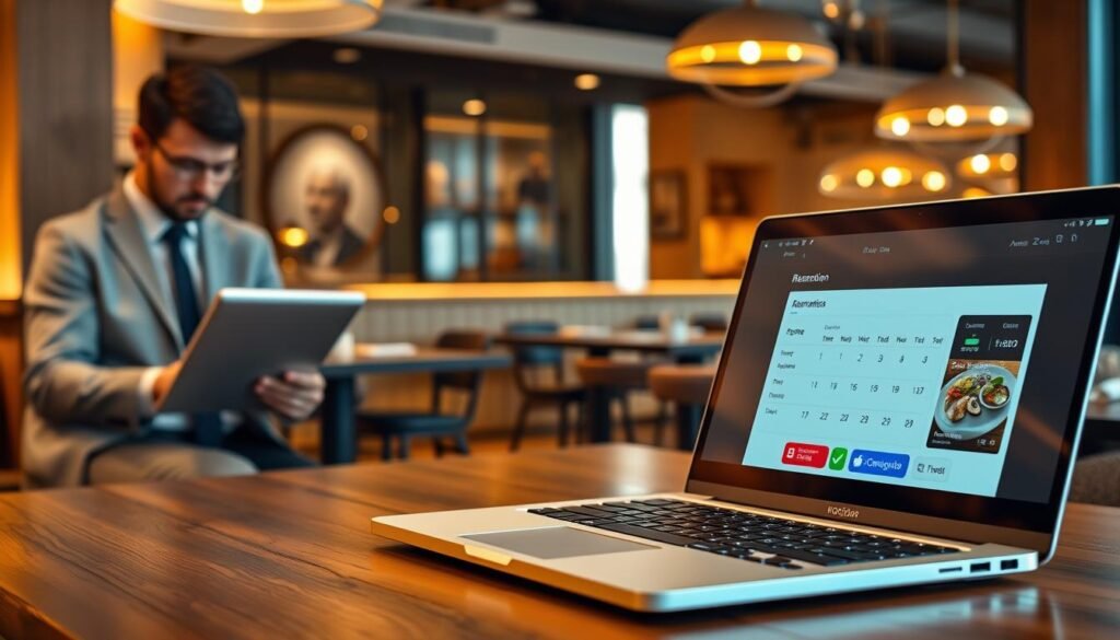 A sleek and modern restaurant reservation system interface displayed on a laptop screen, positioned on a stylish wooden table. The foreground features an elegantly designed user interface with vibrant buttons, a calendar for date selection, and stylish icons representing different meal options. In the middle background, a well-lit, contemporary restaurant setting is visible, with neatly arranged tables and soft ambient lighting, conveying a welcoming atmosphere. To the left, a professional-looking individual in smart business attire is engaged with the laptop, reviewing reservations. The scene is accentuated with warm tones and a soft focus effect to create a cozy yet efficient vibe, highlighting the essential functionalities of a restaurant booking system.