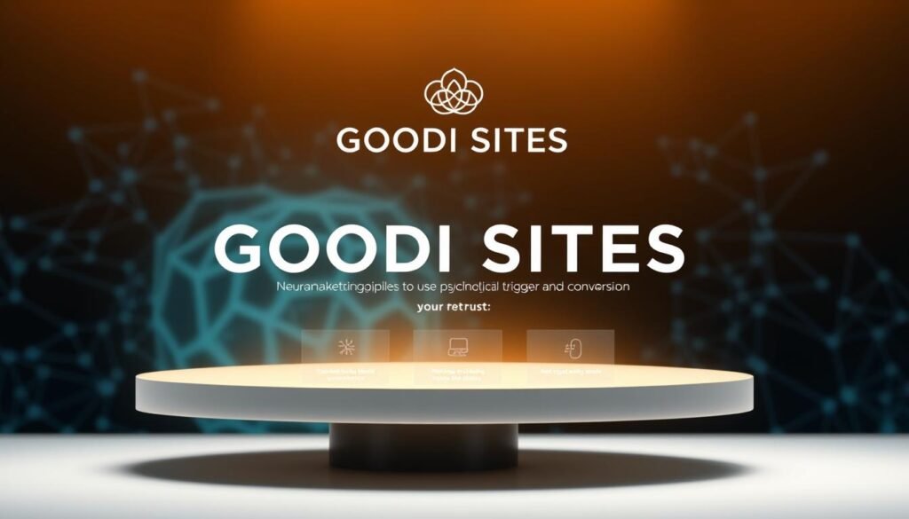 A striking visual representation of neuromarketing principles applied to web design. In the foreground, an elegant GOODI SITES logo hovers above a clean, minimalist layout with strategically placed elements to guide the viewer's attention. The middle ground showcases a range of user interaction points, each designed to leverage psychological triggers and optimize conversion. In the background, a subdued neural network pattern subtly suggests the data-driven insights powering the visuals. The overall composition is balanced, with a calming yet captivating atmosphere that evokes a sense of trust and professionalism.
