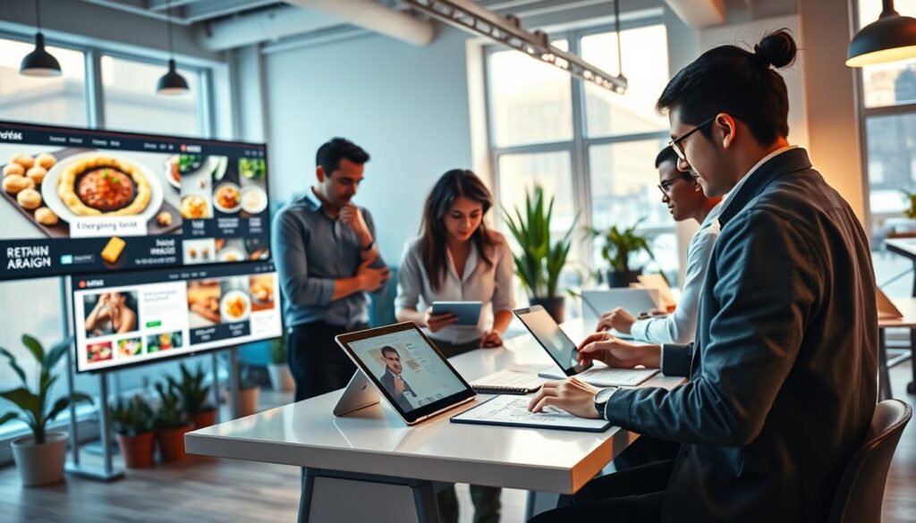 A vibrant scene depicting a modern web design studio specializing in restaurant websites. In the foreground, a diverse group of professional designers collaborate at a sleek workstation, sketching ideas and discussing layouts on digital tablets. The middle ground features large screens showcasing visually engaging restaurant websites filled with mouthwatering food images and elegant layouts. In the background, a well-organized space with a modern aesthetic, featuring potted plants and soft lighting from large windows. The atmosphere is energetic yet focused, reflecting creativity and innovation. The lighting is warm and inviting, highlighting the professionals in smart casual clothing, as they brainstorm ideas for a new restaurant website. Aim for a bright, inspiring mood that conveys the dynamism of the digital design process.