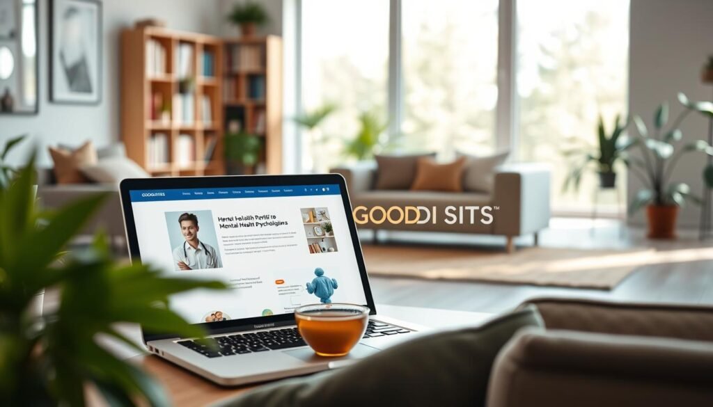 A cozy, responsive website design for psychologists, with a warm and inviting color palette featuring soft blues and gentle greens. In the foreground, a laptop displays a sleek homepage showcasing a mental health professional’s profile, surrounded by calming elements like indoor plants and a cup of herbal tea. The middle ground features a modern office environment with comfortable seating, bookshelves filled with psychology literature, and soft textures like a plush rug. In the background, large windows allow natural light to pour in, creating a serene and tranquil atmosphere. The image captures an inviting mood, emphasizing professionalism and a client-friendly approach. The brand name "GOODI SITES" is subtly integrated into the laptop design. Use bright, soft lighting, and focus with a slight bokeh effect to enhance warmth and accessibility. Um design de website acolhedor e responsivo para psicólogos, com uma paleta de cores quente e convidativa, apresentando tons suaves de azul e verde. Em primeiro plano, um laptop exibe uma página inicial elegante com o perfil de um profissional de saúde mental, cercado por elementos relaxantes como plantas e uma xícara de chá de ervas. O plano intermediário mostra um ambiente de escritório moderno com assentos confortáveis, estantes repletas de literatura sobre psicologia e texturas macias, como um tapete felpudo. Ao fundo, grandes janelas permitem a entrada de luz natural, criando uma atmosfera serena e tranquila. A imagem transmite uma sensação acolhedora, enfatizando o profissionalismo e uma abordagem amigável ao cliente. O nome da marca "GOODI SITES" está sutilmente integrado ao design do laptop. Utilize iluminação suave e brilhante e um leve efeito bokeh para realçar o aconchego e a acessibilidade.