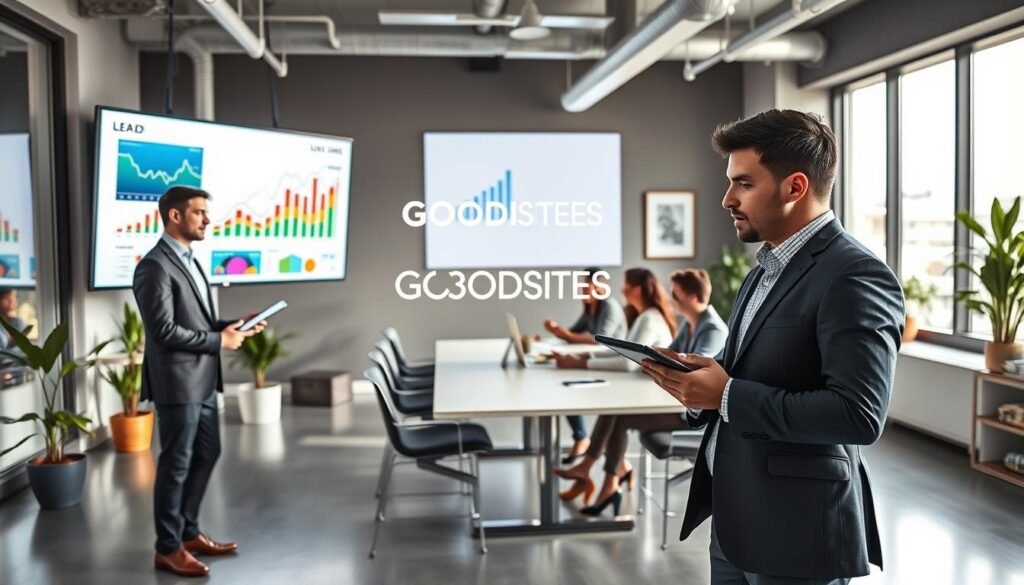 Um ambiente de escritório dinâmico que ilustra uma cena de geração de leads imobiliários. Em primeiro plano, um corretor de imóveis profissional e bem-vestido demonstra confiança ao analisar dados em um tablet. Ao lado, uma tela grande exibe gráficos coloridos e métricas dinâmicas que ilustram as tendências de leads. No centro, um grupo diversificado de profissionais colabora em torno de uma moderna mesa de conferência, discutindo estratégias com dispositivos digitais em mãos. O fundo apresenta um escritório elegante com grandes janelas que permitem a entrada de luz natural, criando uma atmosfera luminosa e convidativa. Detalhes sutis, como plantas e obras de arte contemporâneas, contribuem para uma atmosfera profissional e, ao mesmo tempo, energética. O logotipo "GOODI SITES" está integrado à tela, reforçando o foco em soluções web para o mercado imobiliário. O clima é de inovação e trabalho em equipe, perfeito para enfatizar técnicas eficazes de geração de leads.