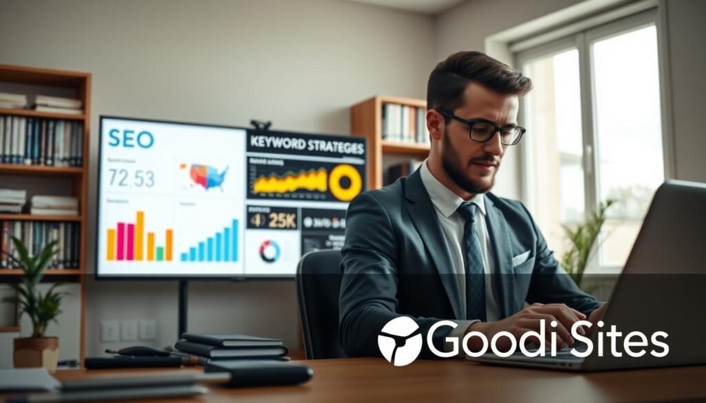 A dynamic office setting focused on search engine optimization (SEO) for a gym website. In the foreground, a professional in business attire is typing on a laptop, surrounded by colorful charts and graphs representing website analytics. The middle layer features a large digital screen displaying keyword strategies and SEO metrics. In the background, there are shelves filled with books on digital marketing and web development. Soft, natural lighting filters through a window, creating an inviting atmosphere. Capture the essence of productivity and creativity, emphasizing the importance of SEO in enhancing online visibility for gym websites. A logo of "Goodi Sites" subtly integrated into the scene adds branding. Um ambiente de escritório dinâmico, focado em otimização para mecanismos de busca (SEO) para o site de uma academia. Em primeiro plano, um profissional em traje formal digita em um laptop, cercado por gráficos e tabelas coloridos que representam as análises do site. Na camada intermediária, uma grande tela digital exibe estratégias de palavras-chave e métricas de SEO. Ao fundo, prateleiras repletas de livros sobre marketing digital e desenvolvimento web. Uma luz natural suave filtrada por uma janela cria uma atmosfera convidativa. O objetivo é capturar a essência da produtividade e da criatividade, enfatizando a importância do SEO para aumentar a visibilidade online de sites de academias. O logotipo da "Goodi Sites", sutilmente integrado à cena, reforça a marca.