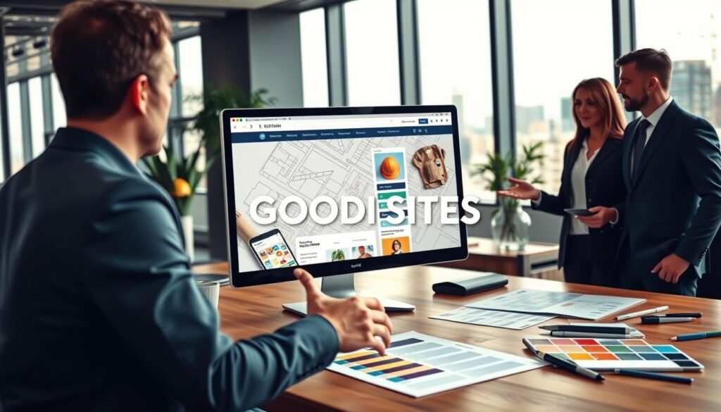 A modern WordPress site construction scene featuring a sleek, user-friendly website interface on a computer monitor, showcasing construction-themed elements like blueprints and hard hats. In the foreground, a professional consultant, dressed in business attire, gestures towards the screen, explaining features to a client. The middle ground includes design sketches and color palettes spread across a stylish wooden table. The background shows an office environment with large windows letting in natural light, and a city skyline visible outside, emphasizing an urban construction theme. The atmosphere is vibrant and collaborative, conveying innovation and professionalism. The logo "GOODI SITES" is subtly integrated into the website interface displayed on the monitor. Uma cena moderna de construção de um site WordPress, apresentando uma interface elegante e intuitiva em um monitor de computador, com elementos temáticos de construção, como plantas e capacetes. Em primeiro plano, um consultor profissional, vestido com traje de negócios, gesticula em direção à tela, explicando funcionalidades a um cliente. O plano intermediário inclui esboços de design e paletas de cores espalhados sobre uma elegante mesa de madeira. O fundo mostra um ambiente de escritório com grandes janelas que permitem a entrada de luz natural e a vista da cidade do lado de fora, enfatizando o tema da construção urbana. A atmosfera é vibrante e colaborativa, transmitindo inovação e profissionalismo. O logotipo "GOODI SITES" está sutilmente integrado à interface do site exibida no monitor.