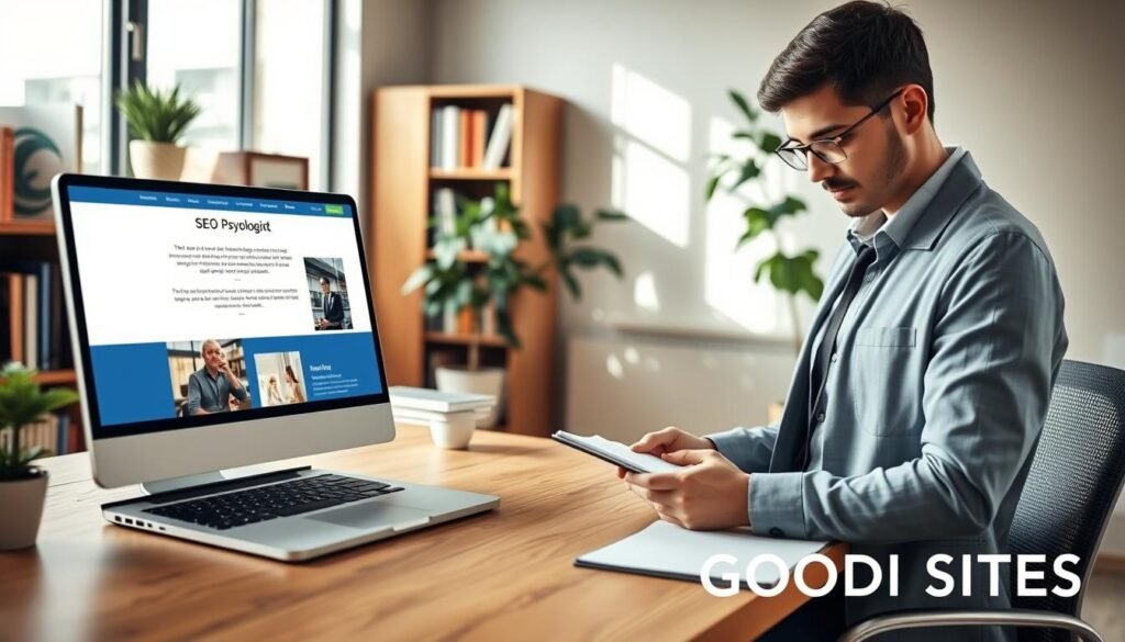 A modern and inviting office space for a psychologist, showcasing a wooden desk with a laptop and a professional-looking website displayed, illustrating SEO strategies. A bookshelf filled with psychology books is in the background, along with a calming indoor plant. In the foreground, a professional psychologist, dressed in smart casual attire, is thoughtfully reviewing notes on a notepad. Soft, natural lighting streams through a large window, casting a warm glow over the scene. The atmosphere is serene and focused, conveying a sense of trust and professionalism. A subtle logo for "GOODI SITES" is integrated into the design elements of the workspace, enhancing the image while keeping the focus on the psychologist's practice and online presence. Um escritório moderno e convidativo para um psicólogo, com uma mesa de madeira, um laptop e um site profissional em destaque, ilustrando estratégias de SEO. Ao fundo, uma estante repleta de livros de psicologia e uma planta relaxante completam o ambiente. Em primeiro plano, um psicólogo, vestido com roupas casuais elegantes, revisa atentamente anotações em um bloco de notas. A luz natural e suave que entra por uma grande janela cria uma atmosfera acolhedora. O ambiente é sereno e focado, transmitindo confiança e profissionalismo. Um logotipo discreto da "GOODI SITES" está integrado aos elementos de design do espaço de trabalho, reforçando a imagem e mantendo o foco na prática profissional e na presença online do psicólogo.