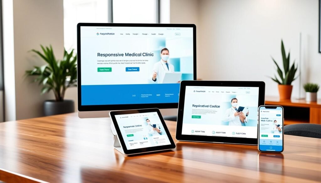 Um espaço de trabalho moderno e profissional, exibindo websites médicos responsivos em diversos dispositivos — um computador desktop elegante, um tablet e um smartphone dispostos sobre uma mesa de madeira polida. Em primeiro plano, o monitor do computador exibe um website de clínica médica limpo e fácil de usar, com uma paleta de cores suaves em tons de azul e verde, incorporando elementos essenciais como agendamento de consultas e navegação intuitiva. Em segundo plano, o tablet apresenta um design responsivo e o smartphone exibe um layout otimizado para dispositivos móveis. O fundo apresenta um ambiente de escritório minimalista com iluminação suave e plantas em vasos, reforçando a sensação de calma e profissionalismo. A atmosfera geral é acolhedora e convidativa, enfatizando o foco no atendimento ao paciente e na acessibilidade tecnológica. A iluminação natural e brilhante destaca os dispositivos, conferindo um toque inspirador e inovador.