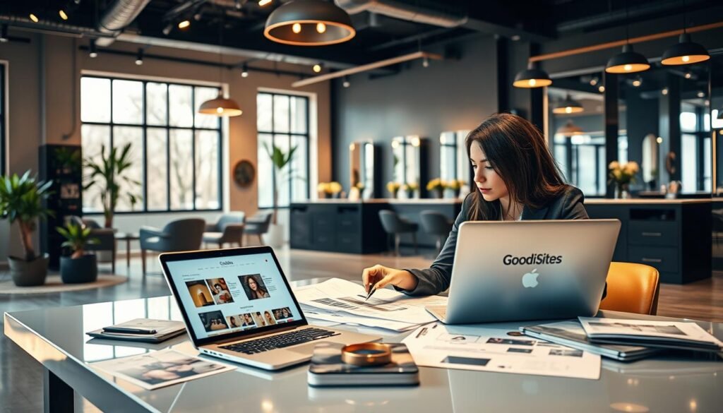 A modern and stylish salon planning scene focused on objectives, target audience, and value proposition. In the foreground, a well-dressed businesswoman in professional attire is seated at a sleek desk, surrounded by mood boards and marketing materials, reviewing design plans with a laptop displaying a website for "Goodi Sites." The middle ground captures a cozy yet contemporary salon environment, with elegant hair styling stations and a welcoming reception area, adorned with plants and soft lighting. In the background, large windows allow natural light to flood in, complemented by warm, ambient lighting fixtures. The atmosphere is dynamic and inspiring, embodying creativity and professionalism, focusing on the essence of salon branding and strategic planning.