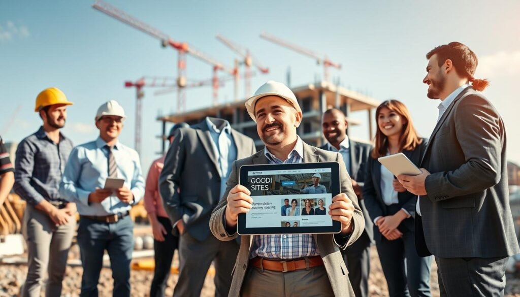 A modern construction site bustling with activity, featuring a diverse group of professionals in business attire, engaged in discussions around digital devices. In the foreground, a construction manager enthusiastically shows a tablet displaying a website designed for a construction company named "GOODI SITES." The middle ground includes a partially built structure, showcasing cranes and construction materials. In the background, social media icons subtly blend into the sky, symbolizing integration of social media with the construction industry. The scene is brightly lit with a warm sunlight glow, casting soft shadows. The angle suggests a vibrant, collaborative atmosphere, embodying innovation and connectivity in the construction field. The mood is optimistic and forward-thinking, ideal for illustrating the importance of social media integration in modern construction business strategies. Um canteiro de obras moderno e movimentado, com um grupo diversificado de profissionais em trajes formais, envolvidos em discussões em torno de dispositivos digitais. Em primeiro plano, um gerente de construção exibe com entusiasmo um tablet com o site da construtora "GOODI SITES". Ao fundo, uma estrutura parcialmente construída mostra guindastes e materiais de construção. Ícones de redes sociais se misturam sutilmente ao céu, simbolizando a integração das mídias sociais com a indústria da construção. A cena é iluminada por uma luz solar quente, projetando sombras suaves. O ângulo sugere uma atmosfera vibrante e colaborativa, que incorpora inovação e conectividade no setor da construção. O clima é otimista e voltado para o futuro, ideal para ilustrar a importância da integração das mídias sociais nas estratégias de negócios da construção moderna.