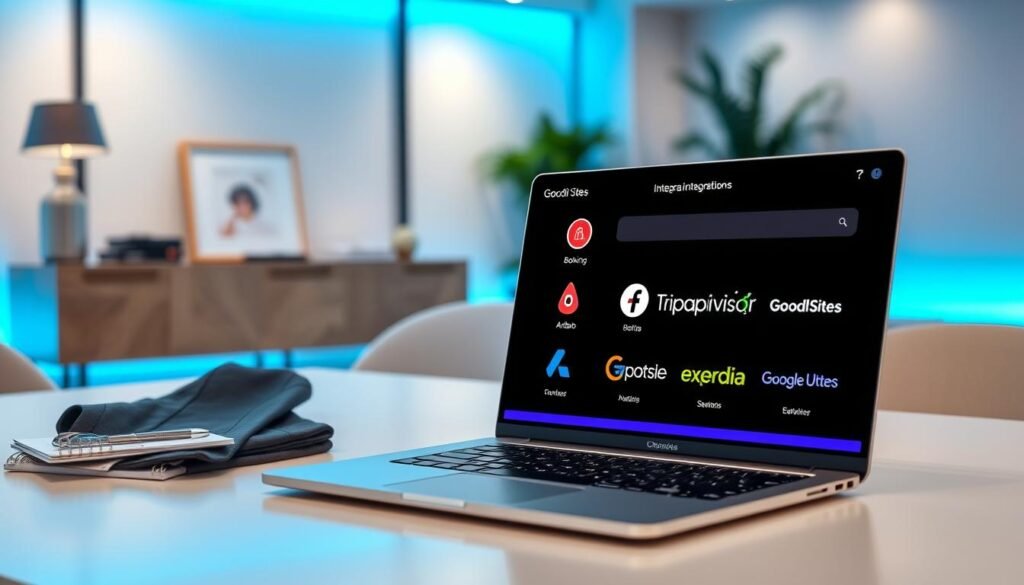 A modern digital workspace showcasing integrations with Booking, Airbnb, Tripadvisor, Google Hotel Ads, and Expedia. In the foreground, a sleek laptop displays the Goodi Sites interface, featuring vibrant icons for each service. The middle ground includes a stylish desk with professional business attire, such as a neatly folded blazer and a notepad, symbolizing the professional environment. In the background, a well-lit room with minimalist decor and soft blue ambient lighting creates a calm and focused atmosphere. A large window lets in natural light, highlighting the sleek technology. The scene is framed with a shallow depth of field, emphasizing the laptop while softly blurring the background elements, creating a sense of professionalism and innovation. Um espaço de trabalho digital moderno que exibe integrações com Booking, Airbnb, TripAdvisor, Google Hotel Ads e Expedia. Em primeiro plano, um laptop elegante exibe a interface do Goodi Sites, com ícones vibrantes para cada serviço. No plano intermediário, uma mesa estilosa com trajes profissionais, como um blazer dobrado com perfeição e um bloco de notas, simboliza o ambiente profissional. Ao fundo, uma sala bem iluminada com decoração minimalista e suave luz ambiente azul cria uma atmosfera calma e focada. Uma grande janela permite a entrada de luz natural, destacando a tecnologia sofisticada. A cena é emoldurada com pouca profundidade de campo, enfatizando o laptop e desfocando suavemente os elementos do fundo, criando uma sensação de profissionalismo e inovação.