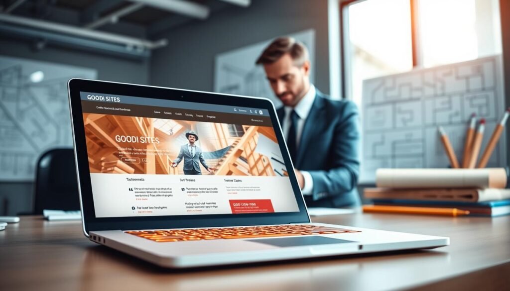 A modern digital workspace showcasing online construction reviews. In the foreground, a sleek laptop is open, displaying a vibrant website for "GOODI SITES" with glowing customer testimonials and interactive design elements. The screen emits a warm light, creating a welcoming atmosphere. In the middle ground, a professional in business attire, focused and engaged, is typing on the laptop, symbolizing the importance of social proof in web design. Behind them, a soft-focus office setting with architectural blueprints and tools gives context to the construction theme while maintaining a clean, modern aesthetic. The lighting is bright yet soft, enhancing a productive mood, captured from a slightly elevated angle for depth. Um espaço de trabalho digital moderno exibindo avaliações de construção online. Em primeiro plano, um laptop elegante está aberto, mostrando o vibrante site da "GOODI SITES", com depoimentos entusiasmados de clientes e elementos de design interativos. A tela emite uma luz quente, criando uma atmosfera acolhedora. Em segundo plano, um profissional em traje de negócios, concentrado e engajado, digita no laptop, simbolizando a importância da prova social no design web. Ao fundo, um ambiente de escritório com foco suave, com plantas arquitetônicas e ferramentas, contextualiza o tema da construção, mantendo uma estética limpa e moderna. A iluminação é brilhante, porém suave, reforçando um clima produtivo, capturado de um ângulo ligeiramente elevado para maior profundidade.
