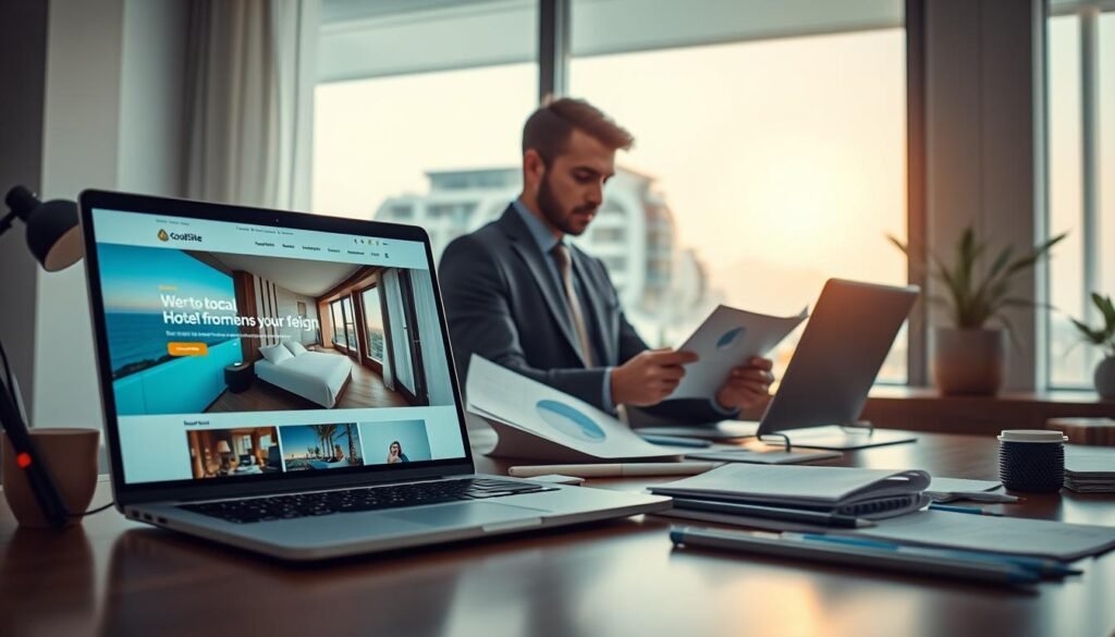 A modern, elegant workspace showcasing a web development environment designed for hotel and local accommodation websites. In the foreground, a sleek laptop displays a vibrant, responsive hotel website created by Goodi Sites, featuring stunning images of a luxurious hotel room and amenities. The middle layer includes a professional-looking web developer in smart casual attire, focused on coding, surrounded by design sketches and color swatches. The background features a large window showing a sunny day outside, with hints of a beautiful coastal hotel architecture in the distance. Warm, inviting lighting casts soft shadows, creating a productive and creative atmosphere. Emphasize a harmonious balance between technology and hospitality design. Um espaço de trabalho moderno e elegante, que exibe um ambiente de desenvolvimento web projetado para sites de hotéis e acomodações locais. Em primeiro plano, um laptop sofisticado exibe um site de hotel vibrante e responsivo, criado pela Goodi Sites, com imagens impressionantes de um quarto de hotel luxuoso e suas comodidades. Na camada intermediária, um desenvolvedor web com aparência profissional e estilo casual elegante está concentrado na programação, cercado por esboços de design e amostras de cores. Ao fundo, uma grande janela mostra um dia ensolarado lá fora, com vislumbres da bela arquitetura de um hotel costeiro ao longe. Uma iluminação aconchegante e convidativa projeta sombras suaves, criando uma atmosfera produtiva e criativa. O objetivo é enfatizar o equilíbrio harmonioso entre tecnologia e design de hospitalidade.
