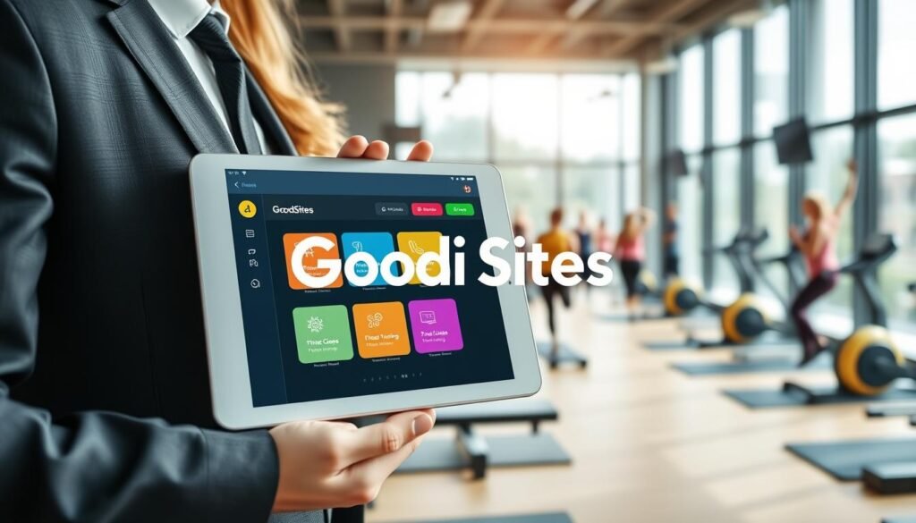 A modern gym reservation system interface displayed on a sleek tablet, held by a fitness trainer in professional business attire. The foreground focuses on the tablet screen, showcasing a user-friendly design with vibrant buttons for booking fitness classes, personal training, and membership management. In the middle ground, a well-equipped gym featuring exercise machines, weights, and a yoga area is visible, filled with active gym-goers engaged in various activities. The background includes large windows with natural light streaming in, creating an inviting atmosphere. The image has a bright, motivational mood, emphasizing technology's role in fitness management. Highlight the brand name "Goodi Sites" subtly on the tablet screen without any text overlays. AInterface moderna de um sistema de reservas de academia exibida em um tablet elegante, segurado por um instrutor de fitness em traje profissional. O primeiro plano foca na tela do tablet, mostrando um design intuitivo com botões vibrantes para reservar aulas de ginástica, treinamento personalizado e gerenciar a assinatura. No plano intermediário, vê-se uma academia bem equipada com aparelhos de ginástica, pesos e uma área para ioga, repleta de frequentadores ativos praticando diversas atividades. O fundo inclui grandes janelas que permitem a entrada de luz natural, criando uma atmosfera convidativa. A imagem transmite uma sensação positiva e motivadora, enfatizando o papel da tecnologia na gestão de academias. Destaque o nome da marca "Goodi Sites" discretamente na tela do tablet, sem sobreposições de texto.