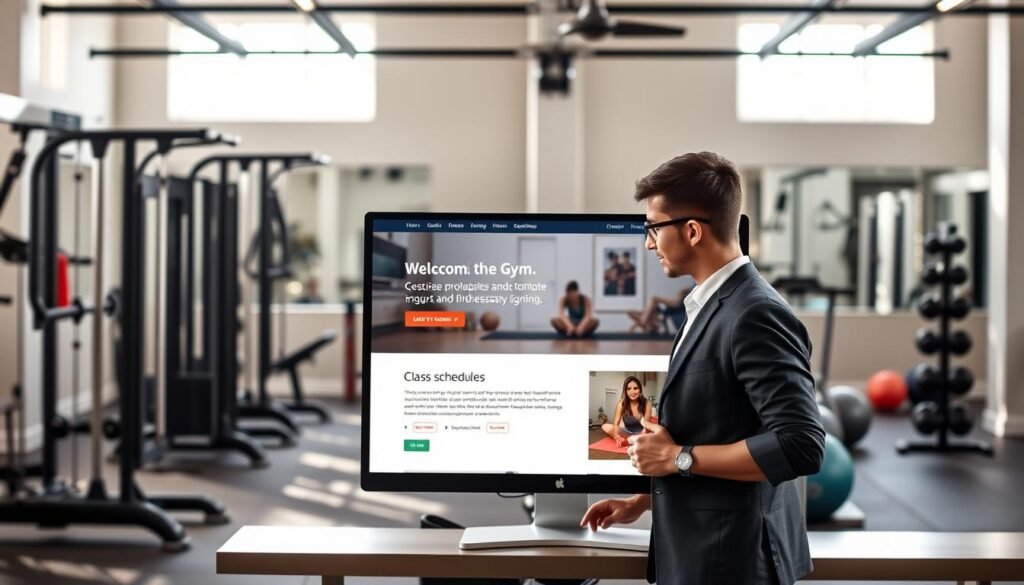 A modern gym website design concept featuring a visually appealing, user-friendly interface displayed prominently on a computer screen in a well-lit, stylish gym environment. In the foreground, a professional-looking person in smart casual attire is interacting with the website, showcasing features such as class schedules and membership sign-ups. In the middle ground, there are sleek fitness equipment and fitness-related imagery, like weights and yoga mats, suggesting an active atmosphere. The background reveals bright windows letting in natural light, enhancing the vibrant and engaging mood. The brand name "Goodi Sites" is subtly incorporated into the website design on the screen. The overall atmosphere should convey professionalism, innovation, and a welcoming feel, emphasizing the importance of maintaining and updating online presence. Um conceito moderno de design de website para academia, com uma interface visualmente atraente e intuitiva, exibida com destaque na tela de um computador em um ambiente de academia elegante e bem iluminado. Em primeiro plano, uma pessoa com aparência profissional e vestimenta casual elegante interage com o website, exibindo recursos como horários de aulas e inscrições de membros. Em segundo plano, equipamentos de ginástica modernos e imagens relacionadas ao fitness, como pesos e tapetes de ioga, sugerem uma atmosfera ativa. Ao fundo, janelas amplas permitem a entrada de luz natural, reforçando o clima vibrante e envolvente. O nome da marca "Goodi Sites" está sutilmente incorporado ao design do website na tela. A atmosfera geral deve transmitir profissionalismo, inovação e um toque acolhedor, enfatizando a importância de manter e atualizar a presença online.