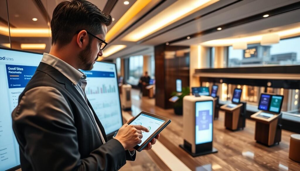 A modern hotel management system in action, showcasing a sleek computer interface displaying "Goodi Sites" PMS features. In the foreground, a professional in business attire is interacting with a tablet, analyzing guest data and booking analytics. The middle ground features a stylish hotel lobby with automated check-in kiosks and digital screens. The background presents a panoramic view of a luxurious hotel exterior, accentuated by inviting lighting, casting a warm ambiance. The scene is well-lit with soft overhead lights, creating a sophisticated atmosphere. The angle is slightly elevated, providing a comprehensive view of the technology and hospitality blend in a contemporary setting. Um moderno sistema de gestão hoteleira em ação, exibindo uma interface de computador elegante com os recursos do PMS "Goodi Sites". Em primeiro plano, um profissional em traje formal interage com um tablet, analisando dados de hóspedes e informações sobre reservas. Em segundo plano, um lobby de hotel sofisticado com totens de check-in automatizados e telas digitais. Ao fundo, uma vista panorâmica da fachada de um hotel luxuoso, realçada por uma iluminação convidativa, cria um ambiente acolhedor. A cena é bem iluminada por luzes suaves no teto, proporcionando uma atmosfera sofisticada. O ângulo da câmera é ligeiramente elevado, oferecendo uma visão abrangente da integração entre tecnologia e hospitalidade em um cenário contemporâneo.