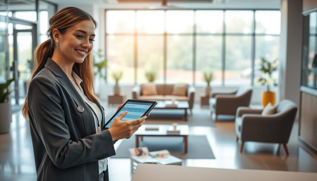 Uma área de recepção moderna de uma clínica médica com um sistema de agendamento digital eficiente. Em primeiro plano, uma recepcionista simpática, vestida profissionalmente, interage com um tablet, exibindo uma interface de agendamento online. Em segundo plano, vemos uma sala de espera limpa e iluminada, com assentos confortáveis ​​e uma mesa de centro com revistas de saúde. Ao fundo, grandes janelas permitem que a luz natural ilumine o espaço, criando uma atmosfera acolhedora. O ambiente geral é organizado e tranquilo, transmitindo eficiência e acessibilidade. A composição deve focar na interação entre a recepcionista e a tecnologia, com um fundo desfocado para enfatizar o aspecto digital dos agendamentos médicos. Uma iluminação suave e aconchegante reforça a sensação convidativa da clínica.