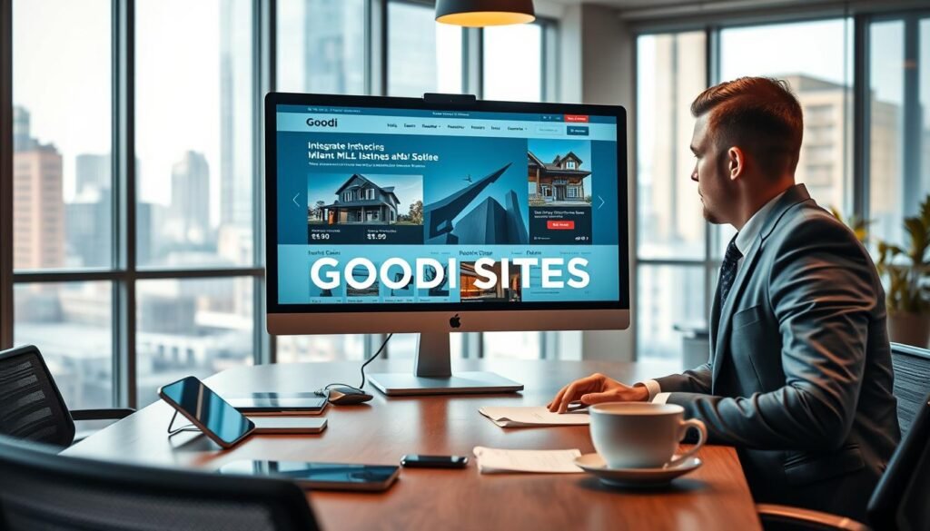 Um ambiente moderno de escritório imobiliário apresenta uma tela de computador elegante exibindo a interface de um website que integra anúncios imobiliários e listagens do MLS. Em primeiro plano, um corretor de imóveis profissional, em traje formal, interage com o computador, demonstrando o funcionamento do website. Ao fundo, uma mesa de reuniões com dispositivos digitais, documentos e uma xícara de café estilosa sugere um espaço de trabalho colaborativo. Grandes janelas permitem a entrada de luz natural, iluminando uma atmosfera clara e acolhedora, com vista para a cidade. A iluminação é aconchegante e convidativa, favorecendo a produtividade. A marca "GOODI SITES", discretamente exibida na tela do computador, reforça o tema da integração imobiliária. O clima geral é colaborativo, inovador e profissional, refletindo uma abordagem de última geração para serviços imobiliários.