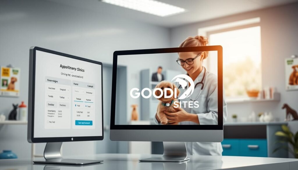 A modern, sleek veterinary clinic setting designed for online appointment booking. In the foreground, a computer screen displays an intuitive interface for scheduling pet consultations, showcasing a friendly and accessible design. The middle ground features a veterinarian in professional attire, attentively engaging with a small dog, symbolizing compassion and care. Behind them, a well-organized clinic with vibrant colors, featuring pet-friendly decor and veterinary posters on the walls. Soft, natural lighting streams through a window, creating a warm and welcoming atmosphere. The overall mood is professional yet inviting, with an emphasis on technology in veterinary care. The logo "GOODI SITES" is subtly incorporated into the design of the computer screen, enhancing the tech-savvy aspect of the image. Uma clínica veterinária moderna e elegante, projetada para agendamento online de consultas. Em primeiro plano, a tela de um computador exibe uma interface intuitiva para agendar consultas para animais de estimação, demonstrando um design amigável e acessível. Em segundo plano, um veterinário em trajes profissionais interage atentamente com um cãozinho, simbolizando compaixão e cuidado. Ao fundo, uma clínica bem organizada com cores vibrantes, decoração que agrada aos animais e pôsteres veterinários nas paredes. Uma luz natural suave entra por uma janela, criando uma atmosfera acolhedora e convidativa. O ambiente geral é profissional, porém convidativo, com ênfase na tecnologia aplicada aos cuidados veterinários. O logotipo "GOODI SITES" está sutilmente incorporado ao design da tela do computador, reforçando o aspecto tecnológico da imagem.