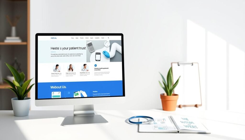 Um layout moderno de design web para clínicas médicas, demonstrando uma abordagem estratégica de conteúdo que inspira confiança nos pacientes. Em primeiro plano, uma tela de computador elegante exibe um site de clínica fácil de usar, com seções para depoimentos de pacientes, serviços médicos e uma página acolhedora "Sobre Nós". O plano intermediário apresenta um espaço de trabalho bem organizado, incluindo um vaso de planta, um estetoscópio e um bloco de notas com esboços de elementos da web, simbolizando a assistência médica profissional. O fundo destaca um ambiente de escritório com iluminação suave, enfatizando linhas limpas e cores neutras que criam uma atmosfera tranquila. O uso de luz natural suave reforça a sensação de confiança e profissionalismo. A imagem foi projetada para evocar uma sensação de segurança e acolhimento, ideal para atrair pacientes.