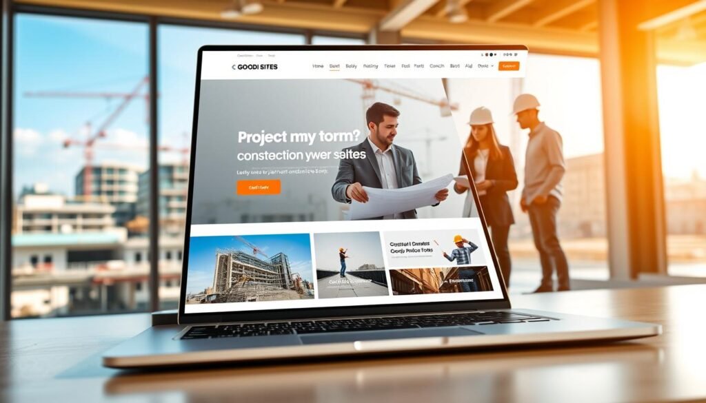 A professional and modern responsive website design for a construction company, titled "GOODI SITES." In the foreground, a sleek laptop displays the website interface featuring a clean layout with images of construction projects, project management tools, and an easy-to-navigate menu. The middle layer showcases a well-organized workspace with architects and developers discussing design plans, dressed in smart casual attire, emphasizing collaboration and innovation. In the background, a construction site with cranes and workers in safety gear conveys the industry focus. Bright, natural lighting floods the scene, creating an inspiring and productive atmosphere. The angle of the shot captures both the website and the human interaction, highlighting key functionalities for construction business websites. Um design de website responsivo, profissional e moderno para uma empresa de construção, intitulada "GOODI SITES". Em primeiro plano, um laptop elegante exibe a interface do website, que apresenta um layout limpo com imagens de projetos de construção, ferramentas de gerenciamento de projetos e um menu de fácil navegação. A camada intermediária mostra um espaço de trabalho bem organizado, com arquitetos e desenvolvedores discutindo planos de design, vestidos com um estilo casual elegante, enfatizando a colaboração e a inovação. Ao fundo, um canteiro de obras com guindastes e trabalhadores com equipamentos de segurança transmite o foco no setor. Uma iluminação natural e abundante inunda a cena, criando uma atmosfera inspiradora e produtiva. O ângulo da foto captura tanto o website quanto a interação humana, destacando funcionalidades essenciais para a criação de websites empresariais.