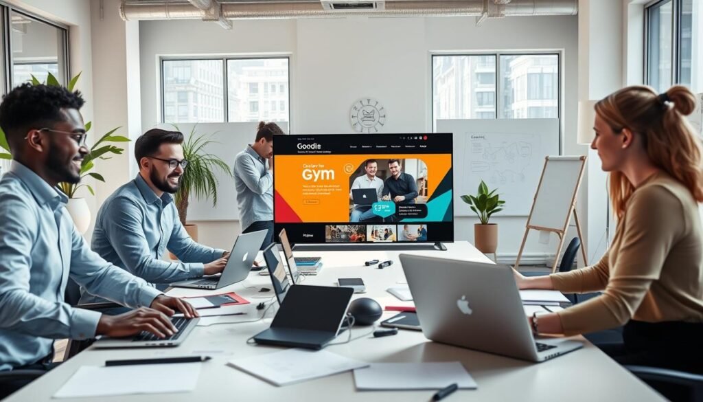 A professional and modern workspace illustrating the step-by-step process of creating a gym website for "Goodi Sites." In the foreground, a diverse group of four professionals, two men and two women, dressed in smart casual attire, collaborate around a sleek table filled with laptops, design sketches, and marketing notes. In the middle ground, a large screen displays a colorful mockup of a gym website, showcasing features like class schedules and membership options. In the background, interactive whiteboards and plants add a dynamic yet calming atmosphere. The lighting is bright and engaging, with natural sunlight streaming through large windows, providing a sense of inspiration and creativity. The angle focuses on the team’s collaboration and creativity in a contemporary office environment. Um espaço de trabalho profissional e moderno que ilustra o processo passo a passo de criação de um site para a academia "Goodi Sites". Em primeiro plano, um grupo diversificado de quatro profissionais, dois homens e duas mulheres, vestidos com trajes casuais elegantes, colaboram em torno de uma mesa moderna repleta de laptops, esboços de design e anotações de marketing. Ao fundo, uma tela grande exibe uma maquete colorida de um site de academia, mostrando recursos como horários de aulas e opções de planos. Ao fundo, quadros brancos interativos e plantas adicionam uma atmosfera dinâmica e, ao mesmo tempo, relaxante. A iluminação é clara e convidativa, com a luz natural entrando pelas grandes janelas, proporcionando uma sensação de inspiração e criatividade. O ângulo da câmera foca na colaboração e na criatividade da equipe em um ambiente de escritório contemporâneo.