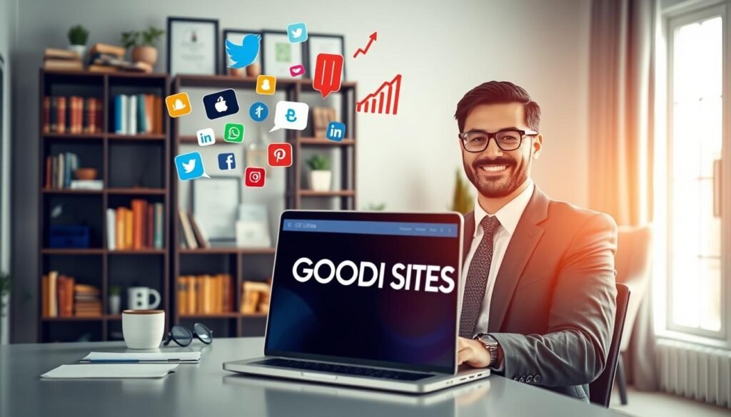 A professional psychologist's workspace focused on social media promotion. In the foreground, a smiling psychologist in business attire sits at a modern desk with a laptop displaying a well-designed website. Nearby, colorful social media icons and analytics graphs float above the desk, symbolizing digital marketing. The middle layer features a cozy, well-organized office with bookshelves filled with psychology literature, certificates on the wall, and a comfy armchair. In the background, soft daylight filters through a window, creating a warm and inviting atmosphere. The scene conveys a sense of professionalism and accessibility, emphasizing the psychologist's need to effectively promote their practice online. Incorporate the brand name "GOODI SITES" subtly in the design of the laptop screen. Espaço de trabalho de um(a) psicólogo(a) profissional focado(a) em promoção nas redes sociais. Em primeiro plano, um(a) psicólogo(a) sorridente, em traje profissional, está sentado(a) em uma mesa moderna com um laptop exibindo um site bem projetado. Próximo a ele, ícones coloridos de redes sociais e gráficos analíticos flutuam acima da mesa, simbolizando o marketing digital. A camada intermediária apresenta um escritório aconchegante e bem organizado, com estantes repletas de literatura de psicologia, certificados na parede e uma poltrona confortável. Ao fundo, a luz suave do dia filtra-se por uma janela, criando uma atmosfera acolhedora e convidativa. A cena transmite uma sensação de profissionalismo e acessibilidade, enfatizando a necessidade do(a) psicólogo(a) de promover seu consultório online de forma eficaz. Incorpore o nome da marca "GOODI SITES" sutilmente no design da tela do laptop.