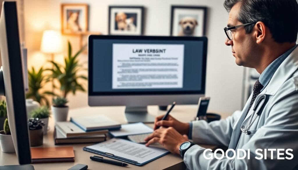 A professional veterinarian's website regulatory overview, featuring a well-organized workstation with a computer screen displaying a law document for veterinary websites. In the foreground, a focused veterinarian in business attire examines the screen, reflecting seriousness and dedication. The middle layer shows a desktop cluttered with legal texts, notepads, and pet care resources, symbolizing careful planning and compliance. In the background, a softly illuminated room with plants and framed pet photographs creates a calming and professional atmosphere. The lighting is warm and inviting, highlighting the veterinarian's concentration. The overall mood conveys trust, responsibility, and professionalism, with a subtle watermark of "GOODI SITES" in the lower corner, ensuring brand recognition without overpowering the image. Visão geral da regulamentação do site de um veterinário profissional, apresentando uma estação de trabalho bem organizada com um monitor exibindo um documento legal para sites veterinários. Em primeiro plano, um veterinário concentrado, com postura profissional, examina a tela, refletindo seriedade e dedicação. A camada intermediária mostra uma mesa repleta de textos legais, blocos de notas e recursos sobre cuidados com animais de estimação, simbolizando planejamento cuidadoso e conformidade. Ao fundo, uma sala suavemente iluminada com plantas e fotos de animais de estimação emolduradas cria uma atmosfera calma e profissional. A iluminação é aconchegante e convidativa, destacando a concentração do veterinário. O clima geral transmite confiança, responsabilidade e profissionalismo, com uma discreta marca d'água "GOODI SITES" no canto inferior, garantindo o reconhecimento da marca sem sobrecarregar a imagem.