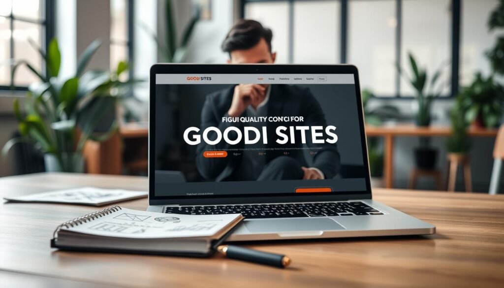 A professional workspace showcasing a laptop with a beautifully designed freelancer website on the screen, symbolizing high-quality content creation. In the foreground, a notepad sits beside the laptop, filled with sketches and ideas. The middle area features a person in smart casual attire, deep in thought while reviewing the website, highlighting a focus on quality. The background reveals a cozy, modern office environment with plants and soft natural light streaming through a window, creating a warm, inviting atmosphere. The overall mood is inspiring and productive. Incorporate the brand name “GOODI SITES” subtly within the website mockup displayed on the laptop screen. Use a shallow depth of field to emphasize the laptop and the person, with a soft bokeh effect in the background.