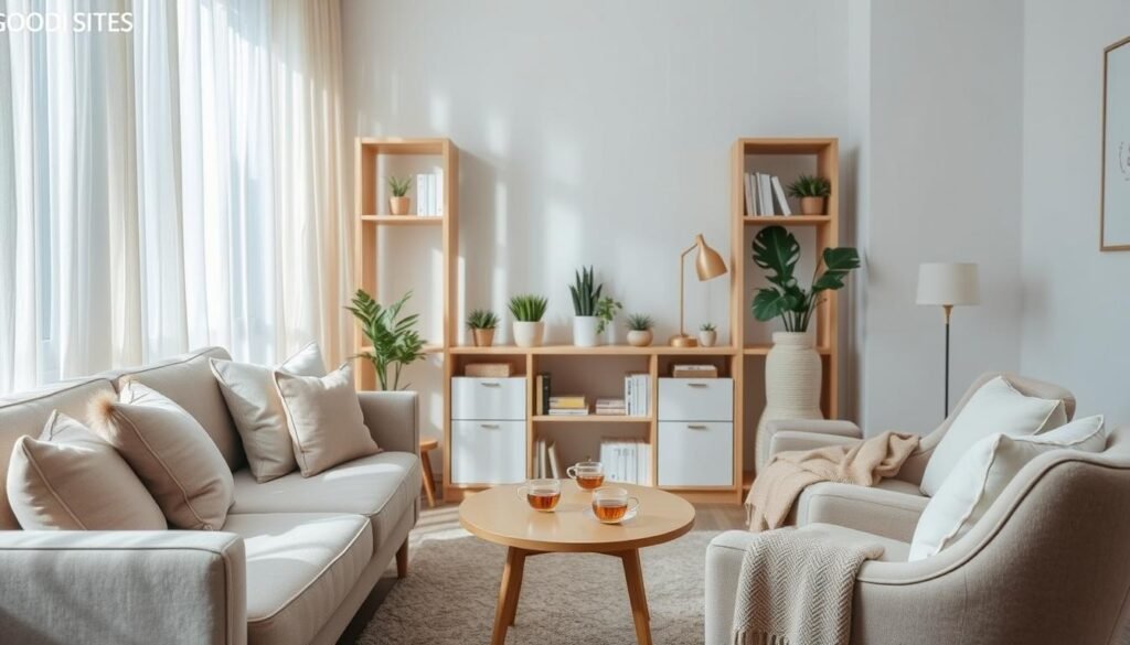 A serene and inviting therapy room, designed for psychologists to create a sense of safety and comfort. In the foreground, a plush, modern sofa and a cozy armchair, adorned with soft, neutral-toned cushions and a warm throw blanket. A small coffee table sits between them, holding a couple of calming herbal teas. In the middle ground, a well-organized bookshelf filled with psychology books and decorative plants, promoting a nurturing environment. The background features softly lit windows with sheer curtains that allow natural light to filter in, casting gentle shadows across the room. The overall color scheme is soft pastels to evoke tranquility. The name "GOODI SITES" is subtly integrated into the decor. The mood is peaceful and welcoming, ideal for client sessions. Uma sala de terapia serena e convidativa, projetada para que psicólogos criem uma sensação de segurança e conforto. Em primeiro plano, um sofá moderno e macio e uma poltrona aconchegante, adornados com almofadas suaves em tons neutros e uma manta quente. Uma pequena mesa de centro fica entre eles, com alguns chás de ervas calmantes. Ao fundo, uma estante bem organizada com livros de psicologia e plantas decorativas promove um ambiente acolhedor. Ao fundo, janelas com iluminação suave e cortinas translúcidas permitem a entrada de luz natural, projetando sombras delicadas pelo ambiente. A paleta de cores predominante são tons pastel suaves, evocando tranquilidade. O nome "GOODI SITES" está sutilmente integrado à decoração. O ambiente é pacífico e acolhedor, ideal para sessões com clientes.