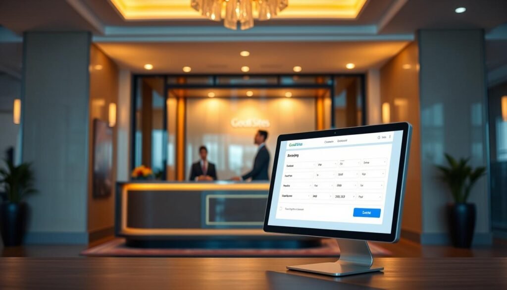 A sleek and modern hotel booking engine interface displayed prominently in the foreground, showcasing an intuitive design with vibrant colors and user-friendly navigation elements. In the middle ground, an elegant hotel reception area with a friendly staff member in professional attire assisting a guest at a beautifully crafted front desk. The background features a stylish hotel exterior, illuminated warmly by soft evening lighting, creating a welcoming atmosphere. The scene captures the essence of simplicity and efficiency in online reservations, with a subtle branding of "Goodi Sites" integrated into the booking interface. The mood is inviting and professional, highlighting the seamless experience of simple hotel bookings. The perspective is slightly angled, providing depth to the interior while maintaining focus on the booking engine. Uma interface de motor de reservas de hotel elegante e moderna é exibida com destaque em primeiro plano, apresentando um design intuitivo com cores vibrantes e elementos de navegação fáceis de usar. Em segundo plano, uma área de recepção de hotel elegante com um funcionário simpático em traje profissional auxiliando um hóspede em um balcão de recepção primorosamente decorado. O fundo apresenta o exterior elegante do hotel, iluminado suavemente por uma luz suave de fim de tarde, criando uma atmosfera acolhedora. A cena captura a essência da simplicidade e eficiência em reservas online, com a marca "Goodi Sites" sutilmente integrada à interface de reservas. O ambiente é convidativo e profissional, destacando a experiência descomplicada de reservas de hotel. A perspectiva é levemente angulada, proporcionando profundidade ao interior, mantendo o foco no motor de reservas.