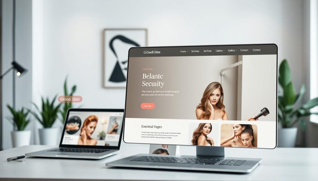 A sleek and modern web architecture layout for a beauty salon website, emphasizing essential pages such as Home, Services, Gallery, and Contact. In the foreground, display a user-friendly interface showcasing elegant design elements, soft pastel colors, and images of hair and beauty treatments. The middle layer includes a workspace with laptops and design tools, symbolizing web development. The background features a softly lit studio with potted plants and subtle abstract art, creating a calming atmosphere. Use soft, diffused lighting to highlight the layout, captured from a slightly elevated angle to emphasize usability. The brand "Goodi Sites" is subtly integrated within the design elements. The overall mood is professional, inviting, and aligned with the aesthetics of a high-end beauty salon.
