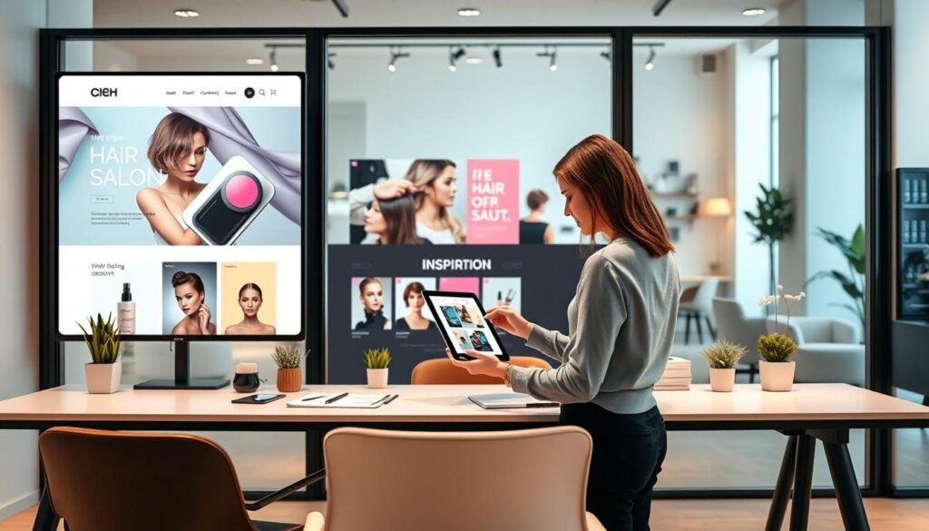 A sleek and modern workspace designed for a beauty salon website, featuring a digital layout on a large screen displaying elegant color palettes and stylish typography that reflect the essence of hair and beauty aesthetics. In the foreground, a professional designer in modest casual clothing interacts with a tablet, showcasing vibrant images of hair styles and beauty products. The middle ground highlights a contemporary desk adorned with design tools, inspiration boards, and plant accents, while the background reveals a calming and inviting salon environment with soft lighting, modern furniture, and soothing pastel colors. The atmosphere is creative and professional, encapsulating the essence of “Goodi Sites” in web design.