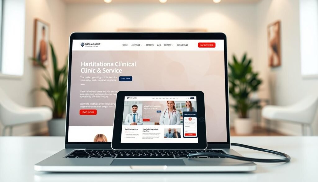 Em primeiro plano, vemos a interface moderna e elegante de um site de clínica médica, exibida em um laptop. O layout é limpo e inclui seções para serviços, perfis de médicos e agendamento de consultas. Na camada intermediária, um tablet exibe o design responsivo do site, cercado por objetos médicos, como um estetoscópio e folhetos informativos sobre cuidados com o paciente. Ao fundo, um ambiente de clínica bem iluminado e acolhedor, com cores suaves e obras de arte relaxantes, cria uma atmosfera tranquila. Utilize iluminação natural suave para realçar o calor e o profissionalismo da cena, capturada com uma leve profundidade de campo para destacar a tecnologia e desfocar suavemente o fundo. Busque transmitir confiança e profissionalismo, ideais para um ambiente médico.