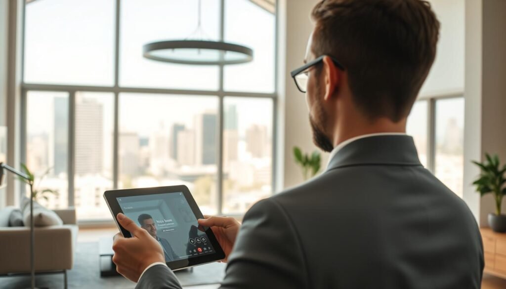 Uma cena virtual que apresenta um tour virtual moderno e interativo de imóveis, enfatizando a conexão entre corretores e potenciais clientes. Em primeiro plano, um profissional em traje formal participa de uma videochamada, discutindo as características de um imóvel com um cliente em um tablet elegante. O plano intermediário mostra o interior de uma casa moderna e iluminada, com grandes janelas que permitem a entrada de luz natural, exibindo um espaço aconchegante. Ao fundo, a vibrante paisagem urbana pode ser vista através das janelas, representando oportunidades. A atmosfera é acolhedora e convidativa, com um toque de entusiasmo. A iluminação suave e difusa reforça a sensação profissional e, ao mesmo tempo, acessível, e a imagem destaca os serviços inovadores da GOODI SITES, capturando a essência da interação com o público por meio de conteúdo envolvente.