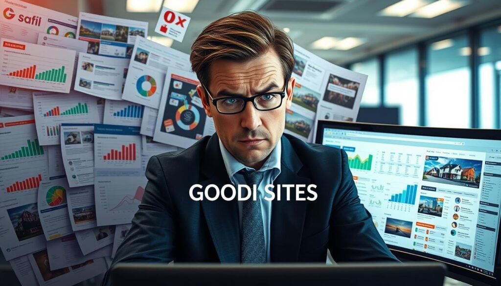 Uma representação visualmente impactante da "sobrecarga de informação" relacionada ao site de uma imobiliária. Em primeiro plano, uma área de trabalho desorganizada, repleta de abas abertas no navegador, transbordando gráficos coloridos, estatísticas e anúncios de imóveis, demonstra o caos do excesso de informação. Em segundo plano, um profissional de negócios frustrado, vestido com trajes formais, encara a tela com a testa franzida. Ao fundo, uma imagem desfocada de um escritório moderno, com uma leve iluminação indireta, intensifica a sensação de tensão e confusão. A atmosfera geral deve evocar uma sensação de sobrecarga, enfatizando a necessidade de clareza. Incorpore o nome da marca "GOODI SITES" de forma sutil na interface do site. Utilize uma perspectiva grande angular para capturar a complexidade da cena.