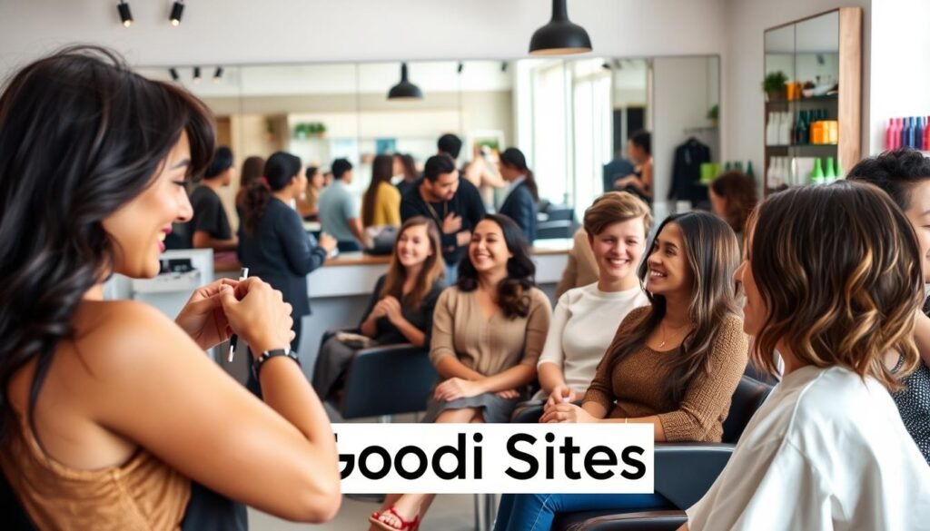 A warm and inviting hair salon scene, showcasing a diverse group of clients engaging with stylists. In the foreground, a stylist with a friendly smile shapes a client’s haircut, demonstrating a professional yet approachable demeanor. The middle ground includes cheerful clients chatting with one another while seated in stylish salon chairs, radiating satisfaction and excitement. The background features modern salon decor, large mirrors reflecting the bustling atmosphere, and neatly arranged beauty products. Soft, natural lighting highlights the vibrant colors of the interior, creating a relaxed and welcoming mood. Capture the essence of the salon as a trendy space that attracts customers, emphasizing the brand "Goodi Sites" subtly integrated into the salon's aesthetic without text.