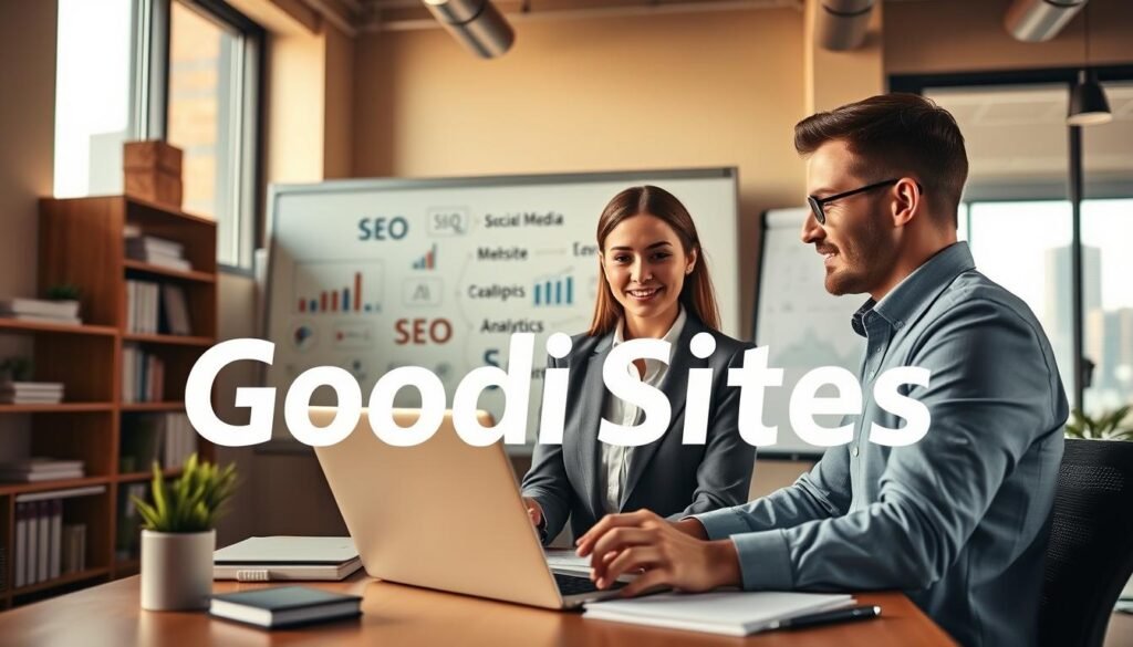 Crie um ambiente de trabalho digital profissional e envolvente, apresentando um grupo diversificado de contadores discutindo estratégias para aumentar a visibilidade online. Em primeiro plano, mostre dois contadores, um homem e uma mulher, em trajes formais, conversando sobre ideias enquanto analisam gráficos e tabelas em um laptop. O plano intermediário mostra um escritório moderno com um grande quadro branco exibindo conceitos como SEO, mídias sociais e análise de sites. Ao fundo, inclua prateleiras com livros de contabilidade e uma janela com vista para a cidade. Utilize iluminação natural e aconchegante para criar uma atmosfera convidativa, capturada em um ângulo ligeiramente elevado para enfatizar a colaboração. Incorpore o nome da marca "Goodi Sites" de forma sutil no design do escritório.