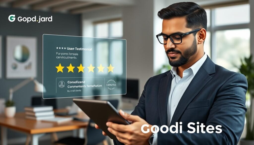 Crie uma imagem profissional e envolvente que simbolize a credibilidade online de contadores por meio de depoimentos. Em primeiro plano, mostre um contador confiante, um homem do sul da Ásia, vestindo um elegante traje de negócios, analisando depoimentos positivos de clientes exibidos em um tablet. Em segundo plano, mostre uma interface digital com estrelas brilhantes de avaliações de usuários e selos de compromisso, simbolizando confiança e credibilidade. O fundo deve apresentar um escritório moderno com uma mesa bem organizada e luz natural suave filtrando por uma janela, criando uma atmosfera acolhedora. Utilize uma lente grande angular para capturar toda a cena, enfatizando o profissionalismo e a acessibilidade. O clima deve evocar confiança, destacando o nome da marca "Goodi Sites" sutilmente integrado aos elementos da interface digital, sem sobreposição de texto ou distrações da marca.