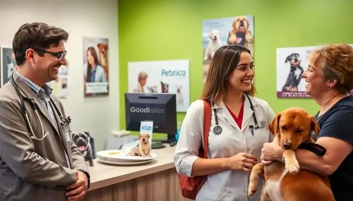 A veterinary clinic reception area, exuding professionalism and warmth. In the foreground, a friendly veterinarian, dressed in smart casual attire, is attentively discussing a pet's health with a pleased pet owner, conveying effective communication. The middle ground features a well-organized desk with veterinary brochures and a visible computer displaying the logo "GOODI SITES," emphasizing digital engagement with clients. The background showcases calming green walls adorned with pet care posters and engaging imagery of pets. Soft, warm lighting casts a welcoming glow, creating an inviting atmosphere. The camera angle is slightly elevated, capturing the interaction while keeping the environment highlighted, fostering a sense of trust and connection in veterinary client communication. A recepção de uma clínica veterinária exala profissionalismo e aconchego. Em primeiro plano, um veterinário simpático, vestido com roupas casuais elegantes, conversa atentamente sobre a saúde de um animal de estimação com um dono satisfeito, demonstrando uma comunicação eficaz. Em segundo plano, uma mesa bem organizada exibe folhetos informativos sobre a clínica e um computador com o logotipo "GOODI SITES", enfatizando a interação digital com os clientes. Ao fundo, paredes em um tom verde relaxante são decoradas com pôsteres sobre cuidados com animais e imagens atraentes de pets. Uma iluminação suave e quente cria uma atmosfera convidativa. O ângulo da câmera, ligeiramente elevado, captura a interação e, ao mesmo tempo, destaca o ambiente, promovendo confiança e conexão na comunicação entre o veterinário e o cliente.