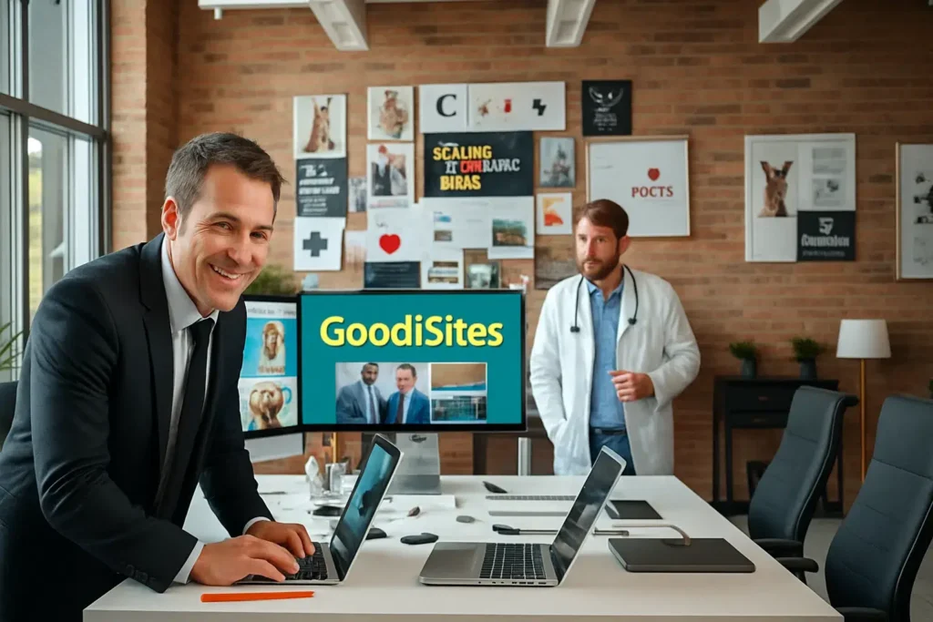 A professional web development partner in an office setting, collaborating with a veterinarian. In the foreground, a focused, middle-aged person in smart business attire is discussing website designs with a younger veterinarian, dressed in a lab coat and casual clothing. They are surrounded by design mockups and computer screens showcasing veterinary website templates. In the middle, a large table filled with laptops, notebooks, and digital devices, while a wall displays images of pets, logos, and web design elements. The background features large windows letting in soft, natural light, creating a warm, inviting atmosphere. Emphasize a collaborative mood, highlighting the name "GOODI SITES" on one computer screen. Use a shallow depth of field for a soft background focus. Um parceiro profissional de desenvolvimento web em um escritório, colaborando com um veterinário. Em primeiro plano, uma pessoa de meia-idade, concentrada e vestida com trajes formais de negócios, discute designs de sites com um veterinário mais jovem, de jaleco e roupas casuais. Eles estão cercados por maquetes de design e telas de computador exibindo modelos de sites veterinários. Ao centro, uma grande mesa repleta de laptops, cadernos e dispositivos digitais, enquanto uma parede exibe imagens de animais de estimação, logotipos e elementos de design web. Ao fundo, grandes janelas permitem a entrada de luz natural suave, criando uma atmosfera acolhedora e convidativa. Enfatize o clima de colaboração, destacando o nome "GOODI SITES" em uma das telas de computador. Utilize uma profundidade de campo reduzida para criar um foco suave no fundo.