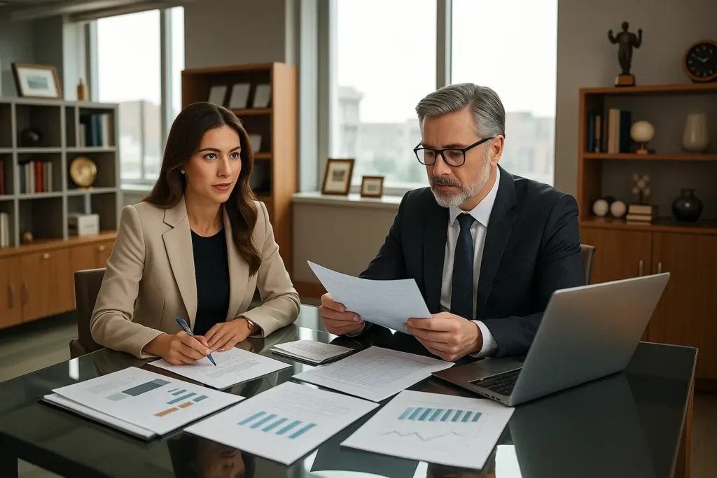 Uma cena moderna e sofisticada de um escritório de contabilidade, mostrando um contador profissional em traje elegante, sentado em uma mesa moderna repleta de documentos financeiros, gráficos e um laptop. O contador, um homem de meia-idade com óculos, está profundamente envolvido em uma conversa com uma cliente, uma jovem empreendedora vestida com um traje casual elegante, exalando confiança. A luz natural e brilhante filtra-se pelas grandes janelas, criando uma atmosfera acolhedora e, ao mesmo tempo, focada. Ao fundo, prateleiras repletas de livros e prêmios reforçam o profissionalismo do ambiente. O ângulo da câmera está ligeiramente acima da linha dos olhos, capturando a interação e enfatizando a importância do conteúdo visual de qualidade na fotografia profissional. 