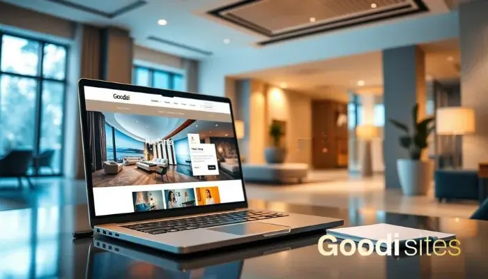 A modern and elegant web design interface showcasing a hotel booking website on a sleek laptop. The foreground features the laptop prominently displaying a visually appealing home page with images of luxury rooms, amenities, and vibrant colors. In the middle ground, a stylish desk with a notepad and pen suggests a creative workspace atmosphere. The background shows a softly lit hotel lobby, featuring contemporary décor and subtle plants, symbolizing hospitality. The scene is illuminated with warm, inviting lighting to create a welcoming mood. The image should reflect professionalism and innovation in hotel website design. The brand name "Goodi Sites" is subtly incorporated into the design elements without text overlays. Uma interface de design web moderna e elegante, exibindo um site de reservas de hotel em um laptop sofisticado. Em primeiro plano, o laptop destaca uma página inicial visualmente atraente, com imagens de quartos luxuosos, comodidades e cores vibrantes. Em segundo plano, uma mesa elegante com um bloco de notas e uma caneta sugere uma atmosfera de espaço de trabalho criativo. O fundo mostra um lobby de hotel com iluminação suave, decoração contemporânea e plantas delicadas, simbolizando hospitalidade. A cena é iluminada com uma luz quente e convidativa para criar um ambiente acolhedor. A imagem deve refletir profissionalismo e inovação no design de sites de hotéis. O nome da marca "Goodi Sites" está sutilmente incorporado aos elementos de design, sem sobreposições de texto.