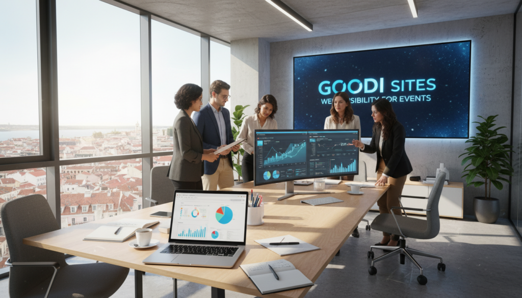 A modern office workspace focused on SEO for event companies in Portugal, showcasing a diverse group of professionals in business attire, collaborating over a large computer screen displaying graphs and SEO metrics. The foreground features a laptop with colorful charts and analytical tools opened, surrounded by notepads, pens, and a coffee cup. In the middle, a large digital display shows the brand name "GOODI SITES" prominently, emphasizing web visibility. The background captures panoramic windows with a cityscape view of Lisbon, bright natural light streaming in, creating an inspiring atmosphere. The overall mood is energetic and focused, with a fresh, contemporary design that highlights technology and innovation in the event planning industry.