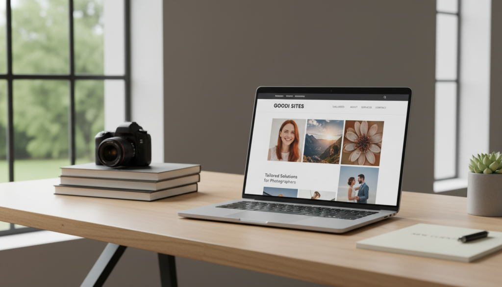 A modern, professional photography website interface displayed on a sleek laptop at a stylish workspace. The foreground features the laptop with a captivating gallery of vibrant images showcasing various photography styles, such as portraits, landscapes, and events, all organized neatly. The middle background includes a creative, minimalistic desk with photography books, a camera, and a notepad, emphasizing a photography business atmosphere. Soft, natural light streams in from a large window, creating a warm, inviting mood. A subtle hint of greenery in the background adds freshness. The entire scene reflects sophistication and professionalism, with the brand name "GOODI SITES" prominently displayed in the website interface, symbolizing a tailored solution for photographers to attract clients.
