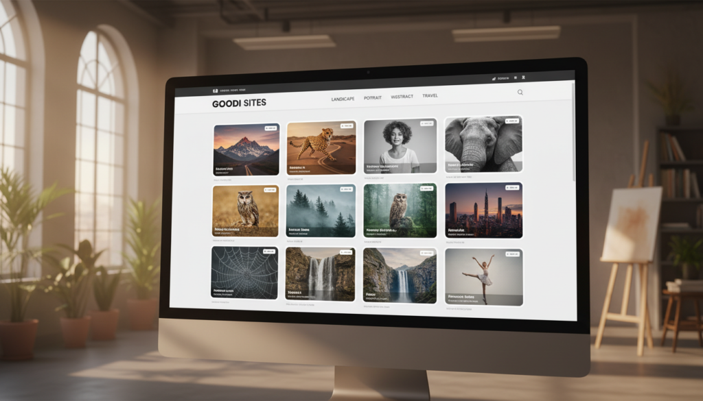 A modern, responsive image gallery showcasing stunning photographs in a sleek, elegant layout. In the foreground, a beautifully designed website interface, displaying diverse photography categories such as landscape, portrait, and wildlife. The middle section features high-quality images arranged in a grid format, each with subtle hover effects to enhance user interaction. The background is softly blurred, suggesting a creative studio environment, with natural light filtering beautifully through large windows. The lighting is warm and inviting, creating a professional yet cozy atmosphere. Use a wide-angle lens effect to emphasize the gallery's spaciousness. The branding "GOODI SITES" is subtly incorporated into the layout. The overall mood is inspiring and artistic, perfect for photographers to showcase their best work.