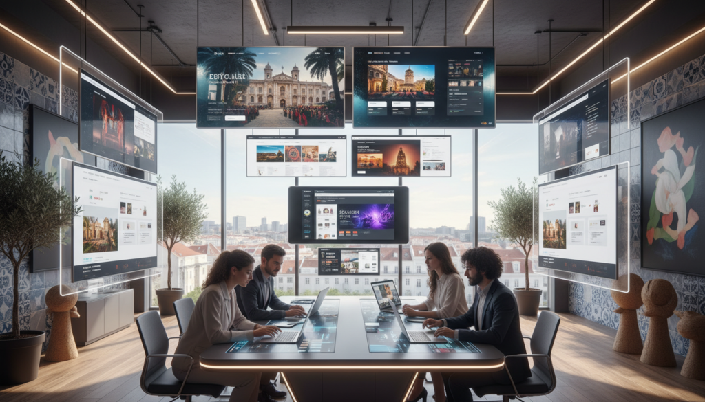A modern, sleek web design studio environment showcasing the creation of websites specifically for event companies in Portugal for 2026. In the foreground, a diverse team of four professionals wearing smart casual clothing collaborates around a large table, discussing website layouts on laptops and tablets. The middle ground features vibrant screens displaying images of event pages, innovative designs, and user experience concepts. The background includes large windows, letting in natural light, and inspiring decor related to Portuguese culture, like traditional tiles. The mood is dynamic and creative, emphasizing teamwork and modern technology. The branding “GOODI SITES” is subtly integrated into the design elements on the screens, reinforcing the focus on website creation without text overlays or logos elsewhere.