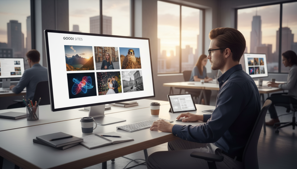 A modern web design layout for photographers, featuring a clean, minimalist aesthetic that showcases stunning high-quality images. In the foreground, a sleek computer screen displays a beautifully arranged photography portfolio without distractions, highlighting vibrant visuals in a grid layout. The middle layer showcases a stylish, modern workspace with a professional designer in smart casual attire, intensely focusing on creating the layout. The background reveals a bright, open office space with large windows allowing natural light to flow in, enhancing the warm atmosphere. Use soft, diffused lighting to emphasize the contact between the workspace and the digital display. The brand name "GOODI SITES" subtly integrated into the design. The overall mood conveys creativity and professionalism, perfect for attracting photographers looking to elevate their online presence.