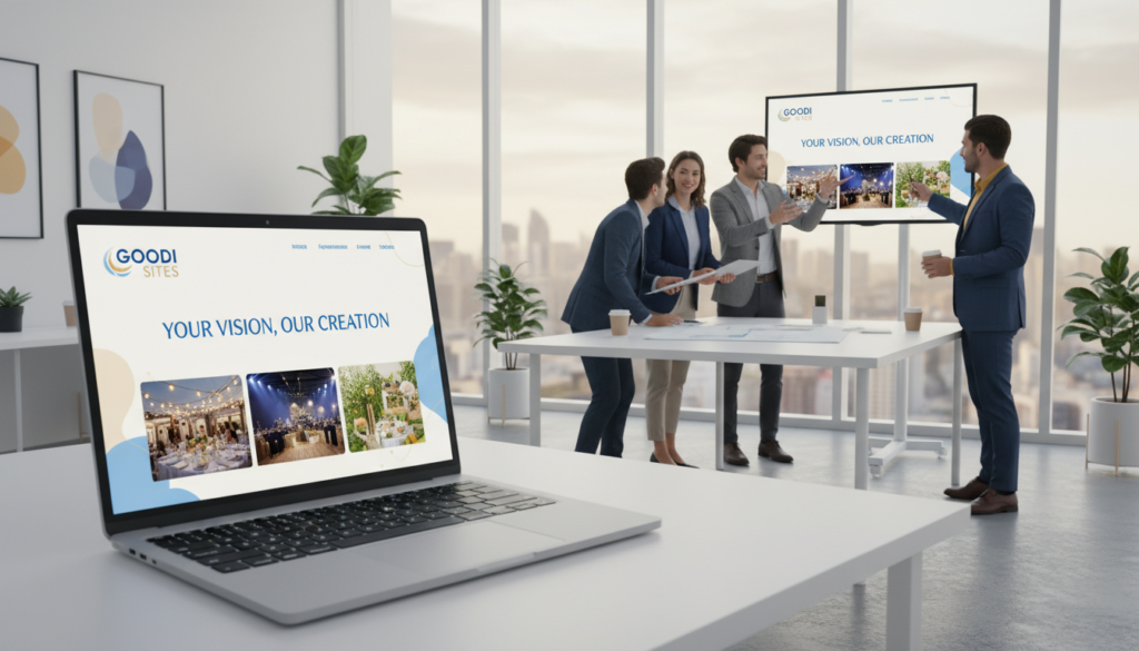A modern website interface design for an event planning company called "GOODI SITES". In the foreground, display a sleek laptop with a beautifully designed webpage showcasing vibrant images of events, such as weddings and corporate gatherings. The middle layer features a professional team working together in a bright office space, dressed in business attire, collaborating over design ideas. In the background, large windows let in natural light, creating a warm, welcoming atmosphere. Use soft, inviting colors like blue and gold to evoke a sense of creativity and professionalism. The camera angle should be slightly overhead, capturing both the team and the laptop screen, emphasizing teamwork and modern web design.